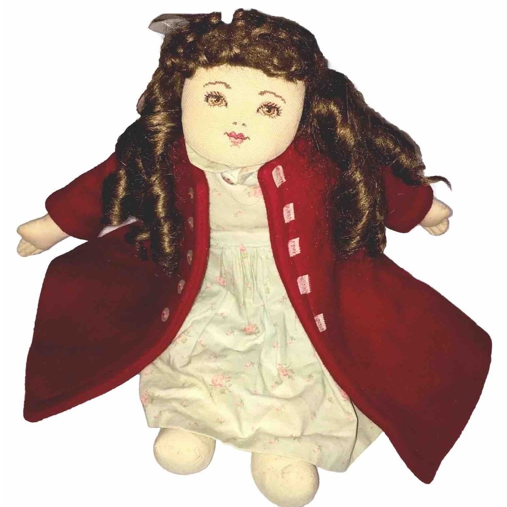 Cloth Doll Red Wool Coat Vintage Handmade Cross Stitched Face